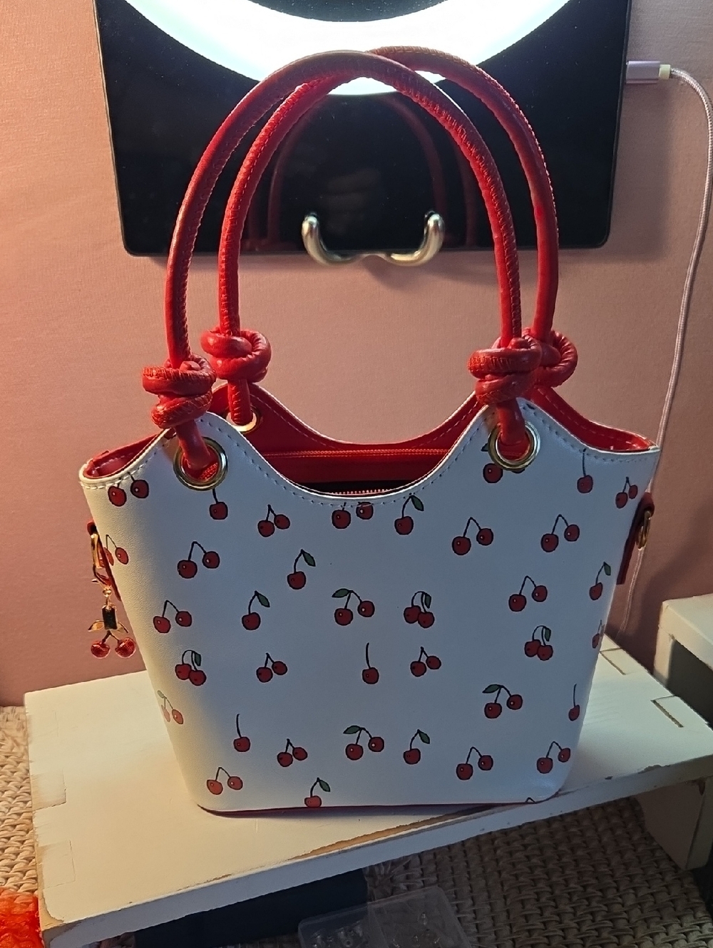 White Cherry Mini Print Tote Bag with Red Trim